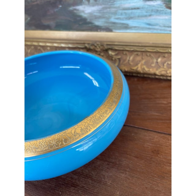 Mid 19th Century French Blue Opaline Glass Bowl With Intricate Gilded Fruit and Vine Border For Sale In Seattle - Image 6 of 9
