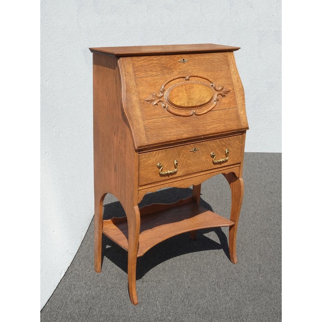 Traditional Antique Slant Front Drop Leaf Secretary Desk Quartersawn Oak With Mirror For Sale - Image 3 of 14