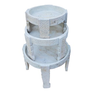 Moroccan Hand Carved White Wash Wooden Table / Berber Style Tayfour Set of 3 For Sale