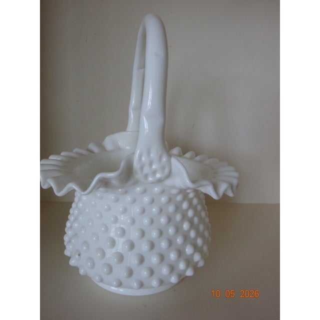 White Hobnail Milk Glass Basket, unique shape 1950's design. Markings are not legible.