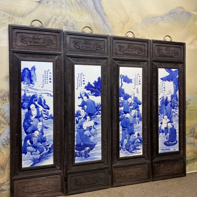 Mid 20th Century Monumental Set of 4 Antique Chinese Rosewood & Blue-and-White Porcelain Plaques Featuring the 18 Arhats For Sale - Image 5 of 10