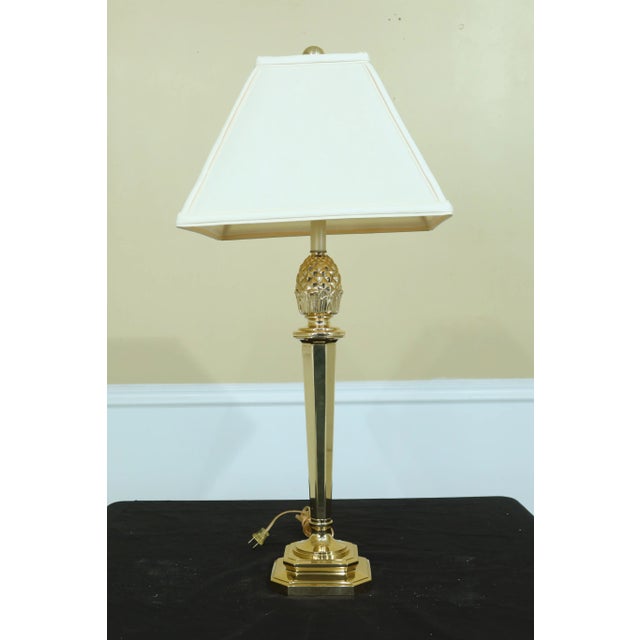 Brass Pine Cone Top Brass Column Lamp W. Shade For Sale - Image 8 of 8