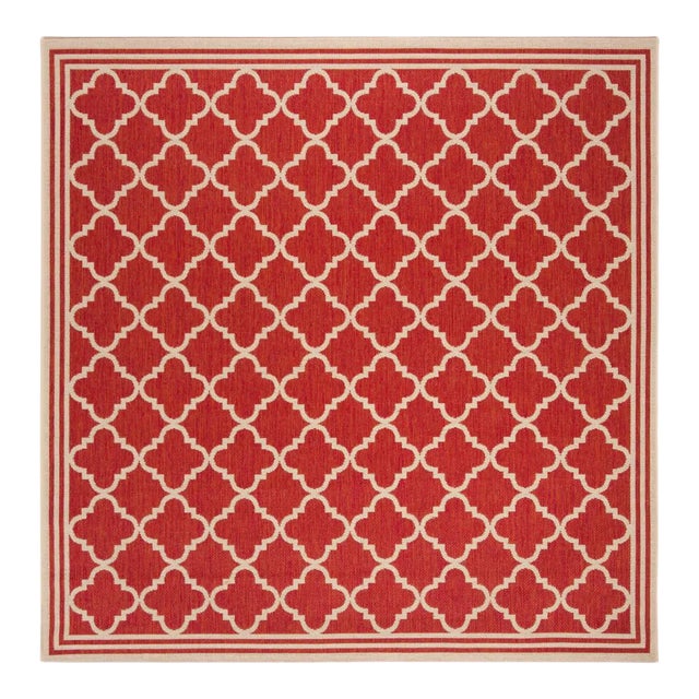 Sea Cottage Indoor Outdoor Rug Red & Cream 6'7" Square For Sale
