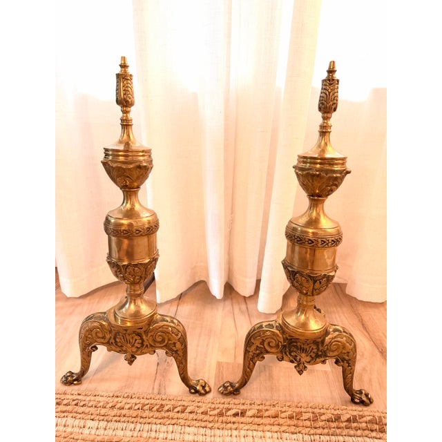 Pair of Vintage Japanese Solid Brass Claw Foot Andirons For Sale - Image 11 of 11