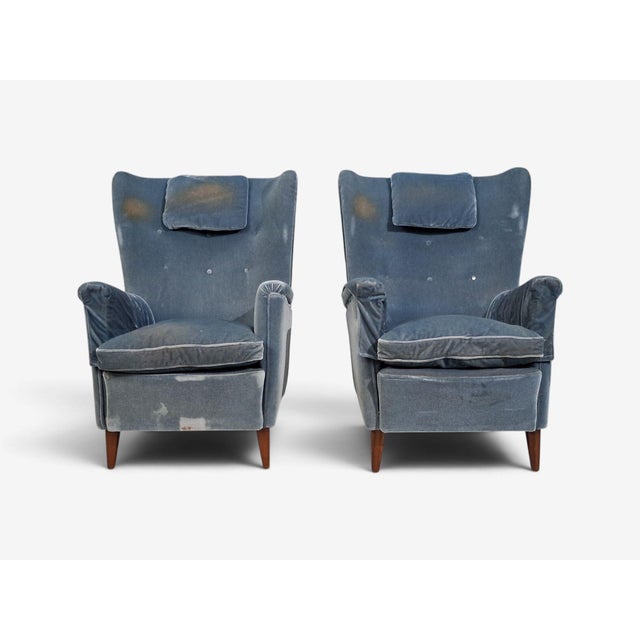 Danish Cabinetmaker, Lounge Chairs, Blue Velvet, Stained Wood, Denmark, 1950s For Sale - Image 4 of 11