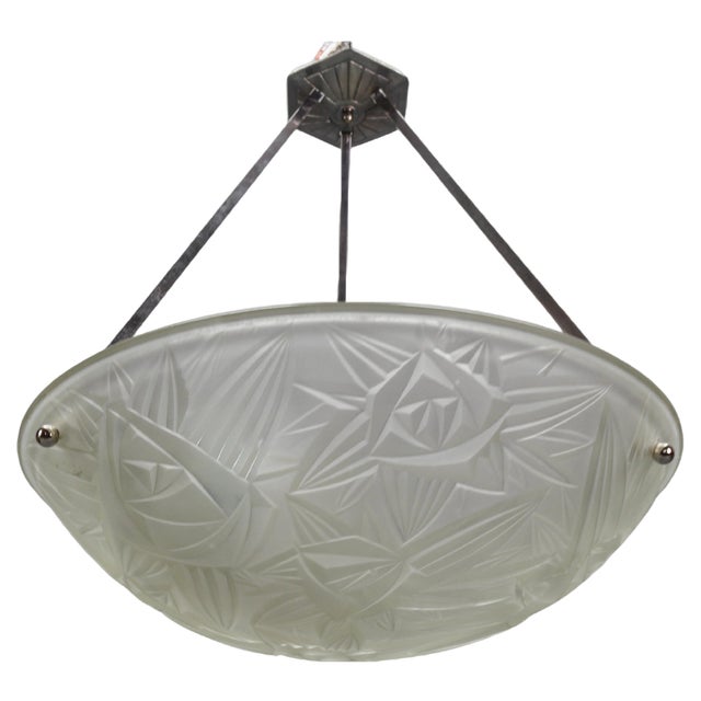 Art Deco French Chromed Brass and Frosted Glass Pendant Light by Noverdy, 1930s For Sale