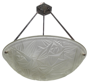 Art Deco French Chromed Brass and Frosted Glass Pendant Light by Noverdy, 1930s