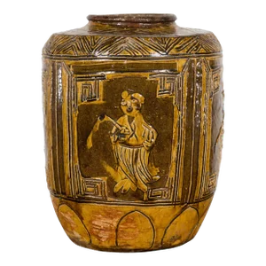 Early 20th Century Two-Toned Brown Vase with Archaic Style Figures & Calligraphy Motifs