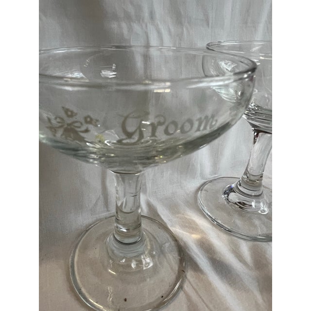 1970s Bride and Groom Etched Champagne Glasses - a Pair For Sale - Image 4 of 9