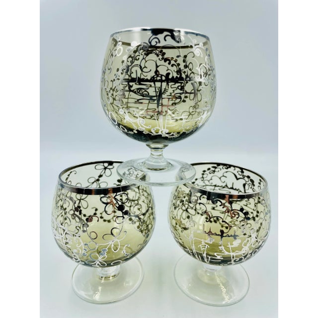 Vintage Petite Smokey Quartz-Colored Brandy/Cognac Snifters With Silver Gilded Venetian Scene -Set of 6 For Sale - Image 4 of 13