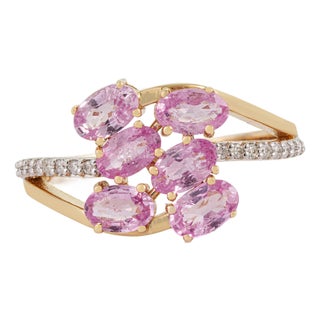 Art Nouveau 14k Yellow Gold 1.66ct Pink Sapphire & Diamond Cluster Bypass Ring Size 7 For Sale