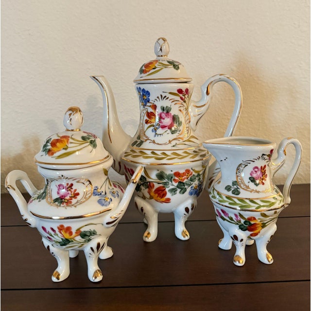 Victorian Antique Floral Limoges 1920s Tall Pitcher Covered Sugar Dish and Creamer For Sale - Image 3 of 3