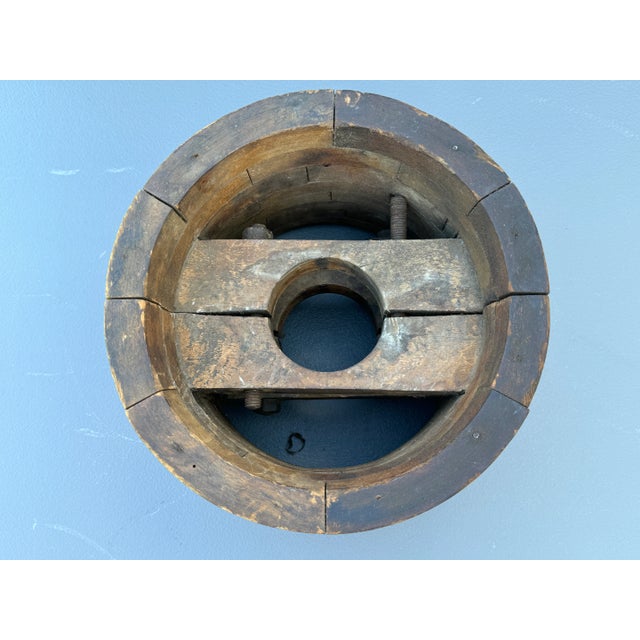 Brown Antique Primitive Wooden 9-Layer Split Wheel Farmhouse Belt Pulley For Sale - Image 8 of 12