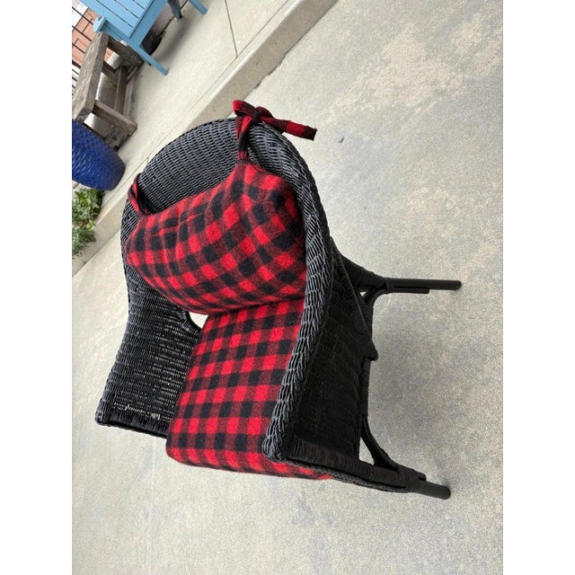 Black Wicker Chair W/ Buck Plaid Seat Cushions For Sale - Image 9 of 13