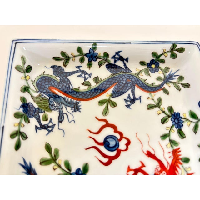Vintage Chinese Porcelain Wucai Blue and Red Dragons Dish Catchall For Sale - Image 14 of 14
