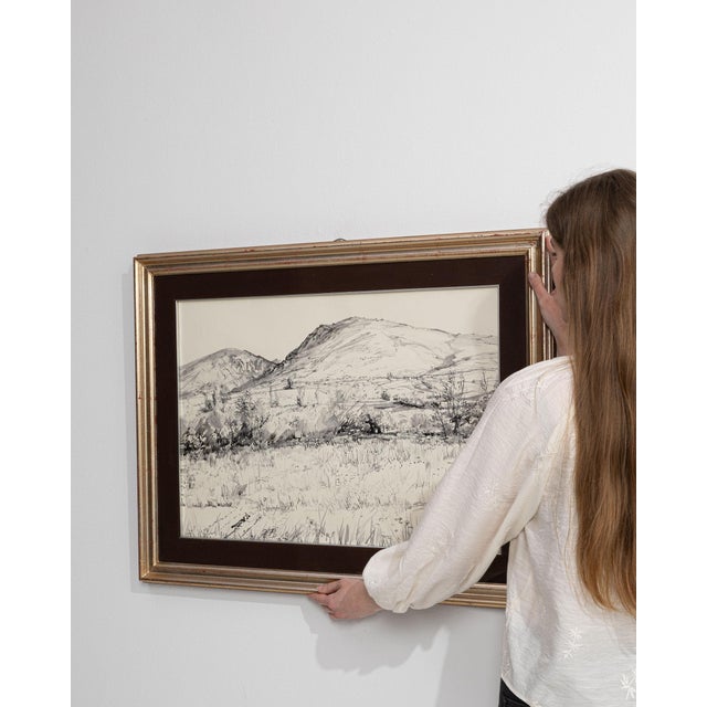 This 1980s drawing from France is a watercolor, housed in a wood and glass frame. Its form follows honest, well-...