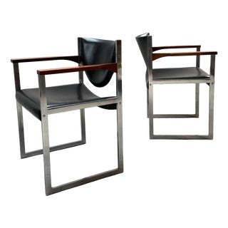 Bauhaus Office Armchairs in Leather, Nutwood and Chrome from Lübke, Germany, 1960s, Set of 2 For Sale