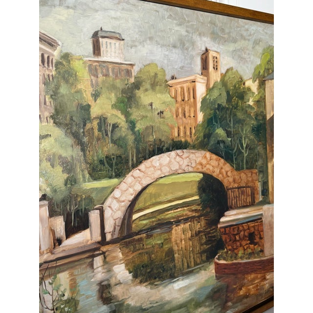 Camel Vintage Cityscape Bridge Still Life Framed Original Oil Painting, Green, Brown, Cream For Sale - Image 8 of 12