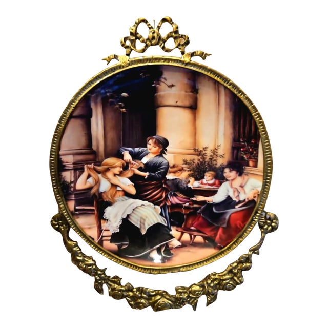 French Porcelain Wall Plaque – Romantic Salon Scene With Ornate Gilt Bronze Frame For Sale