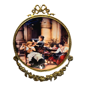 French Porcelain Wall Plaque – Romantic Salon Scene With Ornate Gilt Bronze Frame