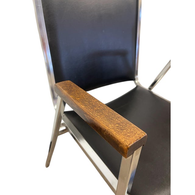 Mid-Century Modern Mid-Century Modern Chrome and Faux Leather Armchair With Wood Armrests, 1970s For Sale - Image 3 of 12