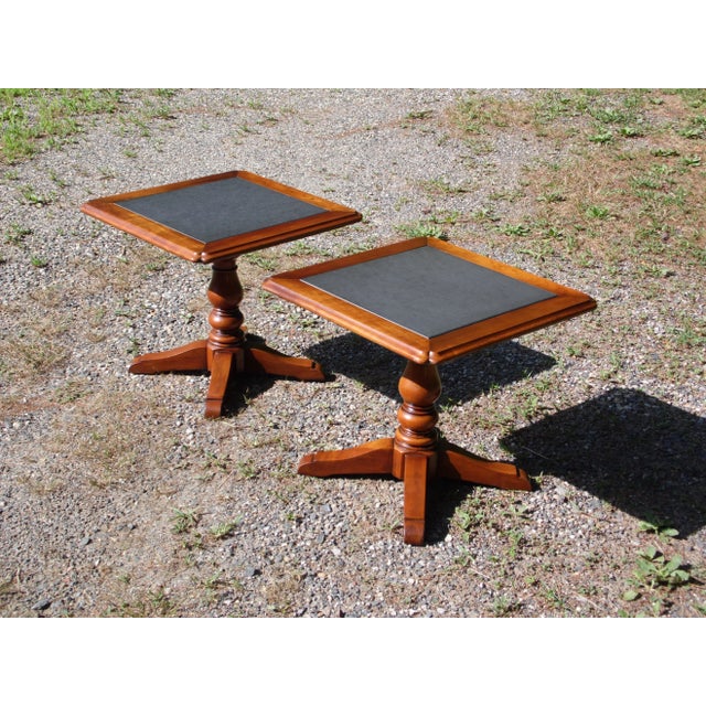 Statton Furniture Vintage Pair Statton Oldtowne Solid Cherry Stone Top Pedestal End Tables For Sale - Image 4 of 13