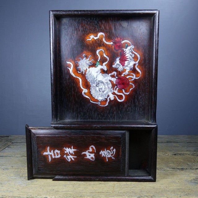 1980s Vintage Chinese Rosewood Mother-of-Pearl Inlay Tea Tray With Sliding Compartment, Twin Foo Lions For Sale - Image 5 of 9