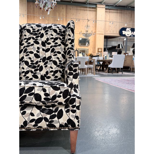 Sam Moore Upholstered Wingback Lounge Chair in Botanical Leaf Fabric For Sale In New York - Image 6 of 11