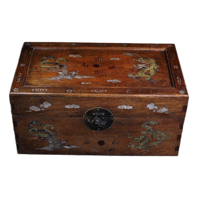Huali Rosewood Box Inlaid With Mother-of-Pearl Dragon & Phoenix For Sale