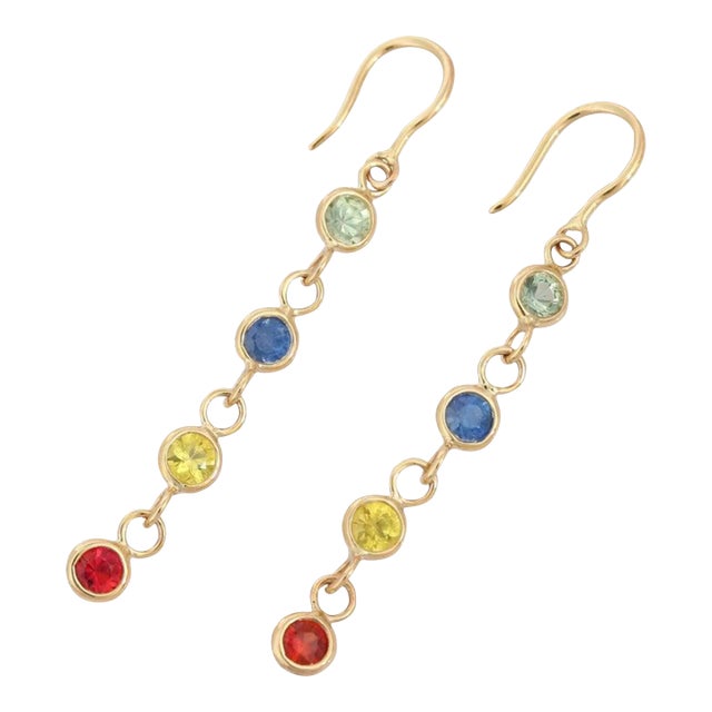 18k Yellow Gold Multi Sapphire Linear Dangle Chain Earrings, 2 Pieces For Sale