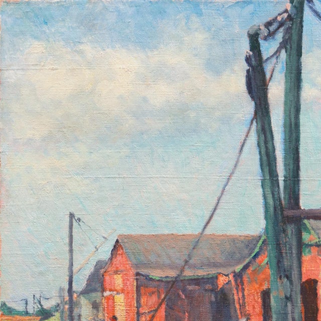 Textile 'The Old Wharf', American School Marine Figural, Circa 1925, Nautical Oil, Industrial Harbor For Sale - Image 7 of 9