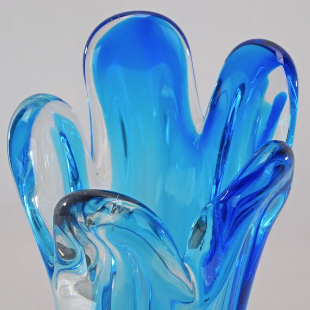 Glass Vintage MCM 12 ½ in Turquoise Blue 5 Finger Swung Glass Vase For Sale - Image 7 of 9