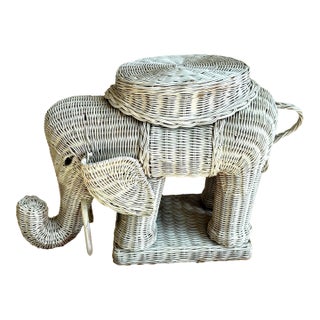 1970s White Wicker Elephant Side /Drinks Table, Trunk Up For Sale