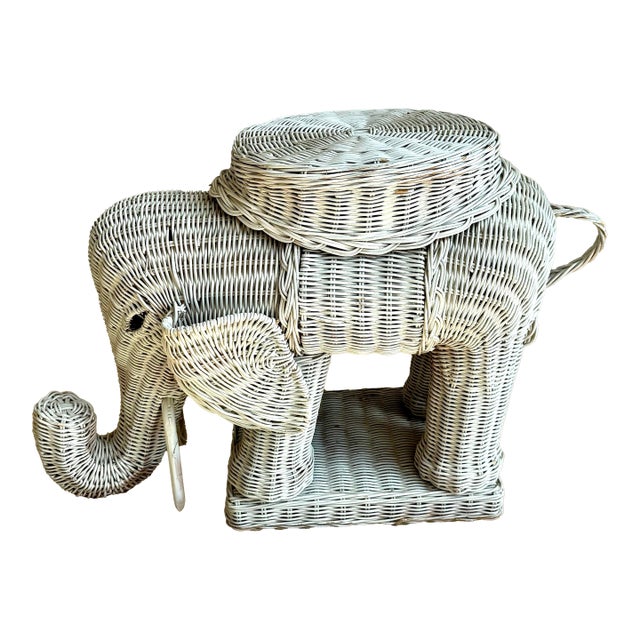 1970s White Wicker Elephant Side /Drinks Table, Trunk Up For Sale