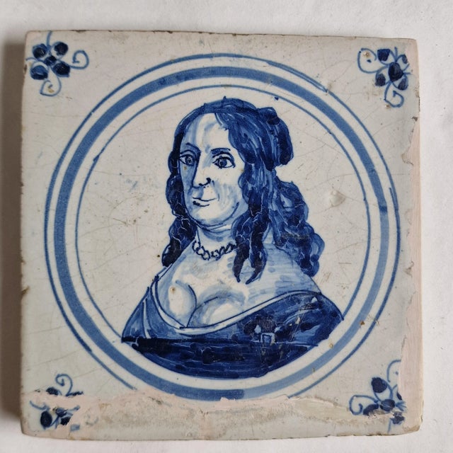 Dutch Delft Tile with Portrait of Amalia Van Solms, 1600s For Sale - Image 4 of 9