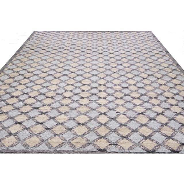Modern Modern Swedish Style Gray and Beige Handmade Geometric Wool Rug For Sale - Image 3 of 11