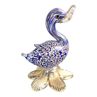 Vintage Murano Millefiori Art Glass Swan Sculpture With Aventurine Base For Sale