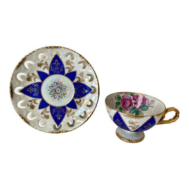 Vintage Ucagco Ceramics Japan Porcelain Teacup and Saucer Set Cobalt Blue Pink Rose Lusterware Pierced Scalloped Rim Mid-Century Excellent Condition For Sale