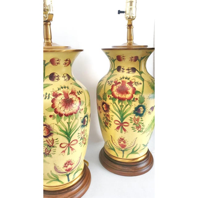Wood Lamp Pair Yellow Flowers Floral For Sale - Image 7 of 12