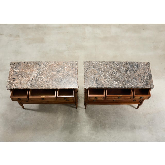 Pair of Louis XVI Style Marble Top Commodes Chest of Drawers For Sale - Image 4 of 18