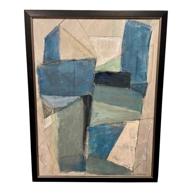 Mod-Century Modern Abstract Blue and Cream Painting For Sale