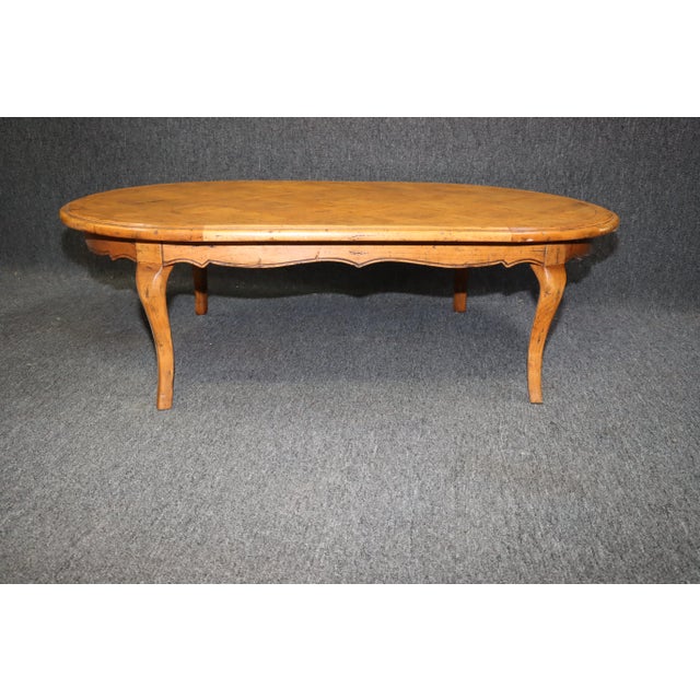 Country French Style Parquetry Coffee Table, parquetry decorated top, on cabriole legs.