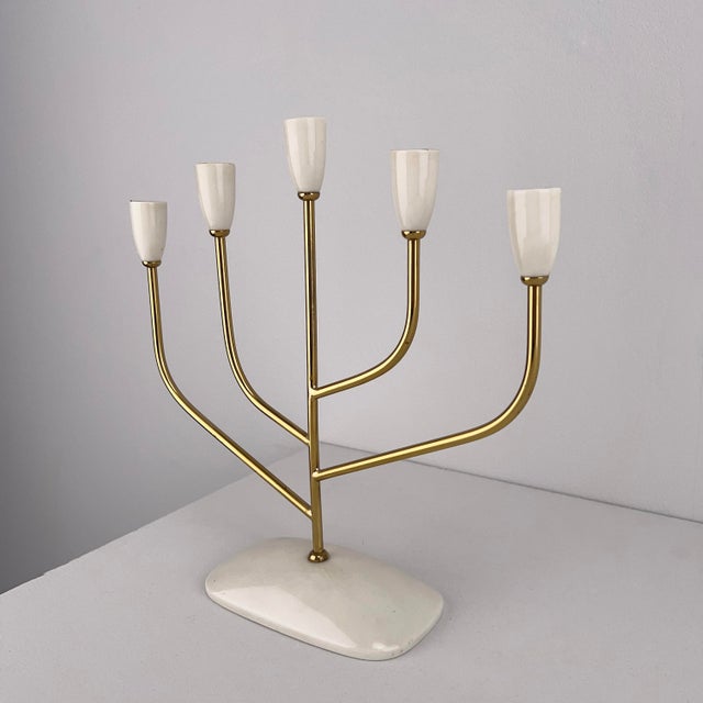 Rare 5-light candle holder by the Berlin porcelain manufacturer Helmut Krüger. Porcelain base with brass fittings and 5...