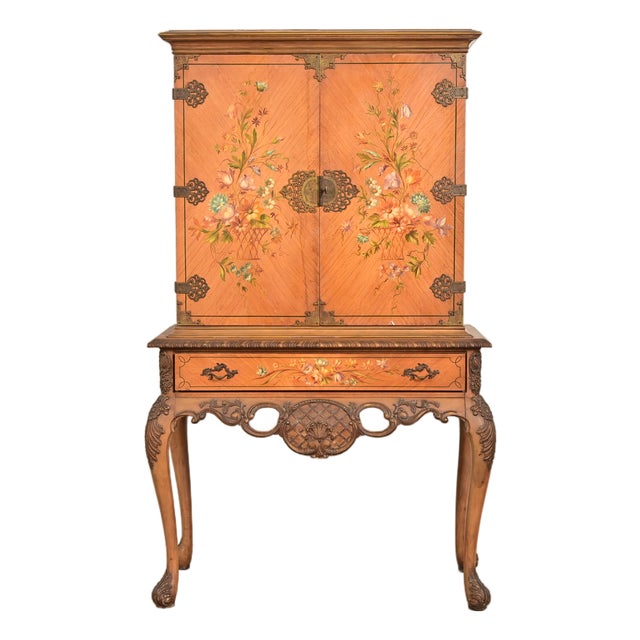 Berkey & Gay Style Antique Georgian Carved Satinwood Hand Painted Bookcase or Bar Cabinet, Circa 1920s For Sale