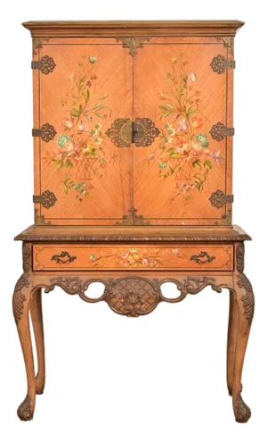Berkey & Gay Style Antique Georgian Carved Satinwood Hand Painted Bookcase or Bar Cabinet, Circa 1920s