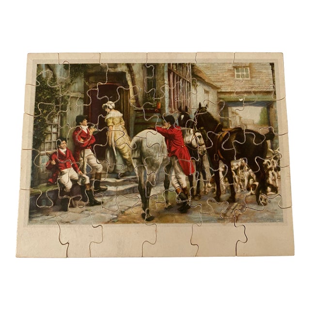 Vintage 1930s Hand-Cut Wooden Jigsaw Puzzle Tabletop Decor– Fox Hunting Scene Ralph Lauren Aesthetic For Sale