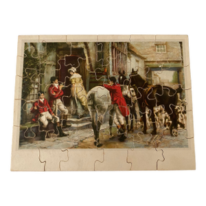 Vintage 1930s Hand-Cut Wooden Jigsaw Puzzle Tabletop Decor– Fox Hunting Scene Ralph Lauren Aesthetic