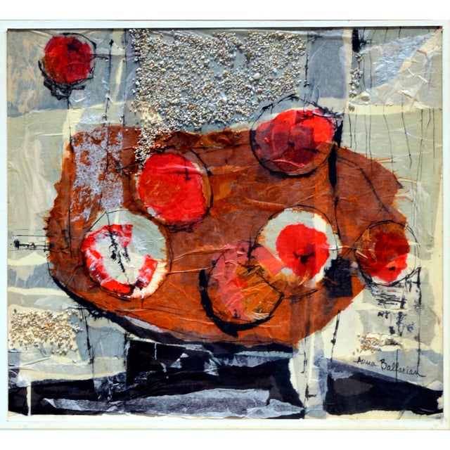 Stunning mid century textile abstract mixed media painting of apples by Anna Ballarian (American, 1911-2010). Signed "...