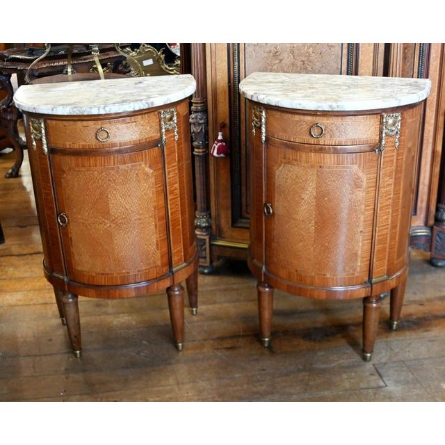Louis XVI Marble Top Half-Moon Console Cabinets, Set of 2 For Sale - Image 6 of 6