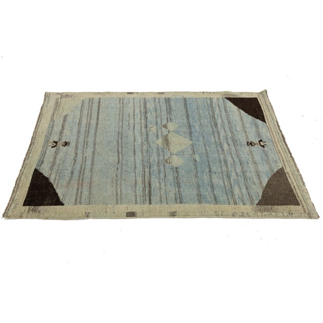 Modern Hand-Knotted Gabbeh Wool Rug – Minimalist Blue & Grey Geometric Tribal For Sale - Image 4 of 8